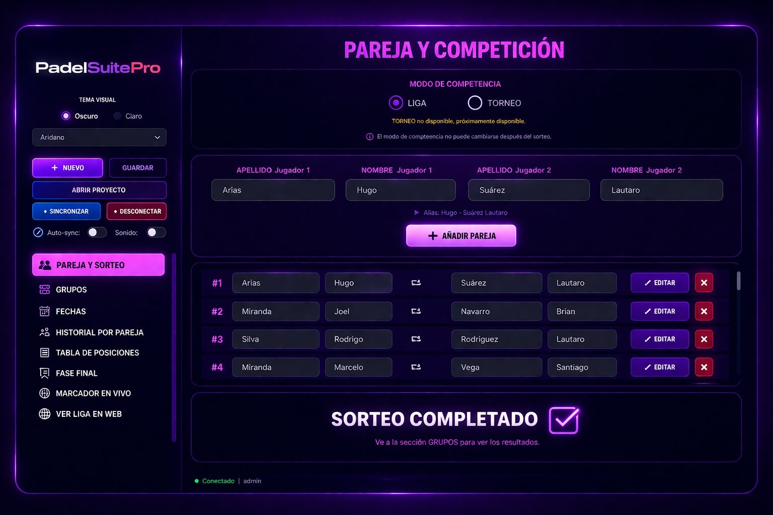 PadelSuite Pro — Pantalla principal